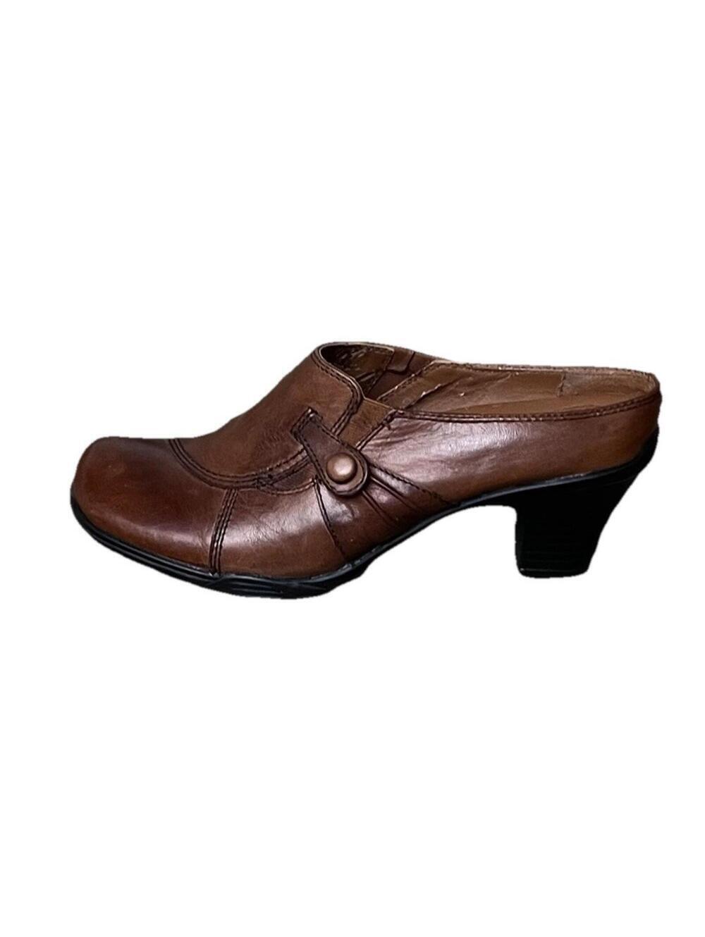 Earth Spirit Brown Leather Mule Heels Womens 7.5 Slip On Comfort Low Heel Hippie